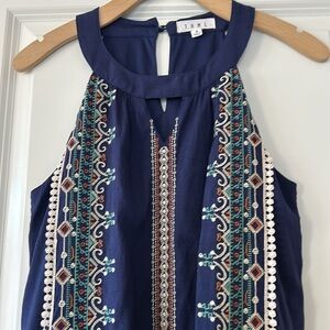 Anthro THML Embroidered Halter Mini Dress Navy Blue Size Small